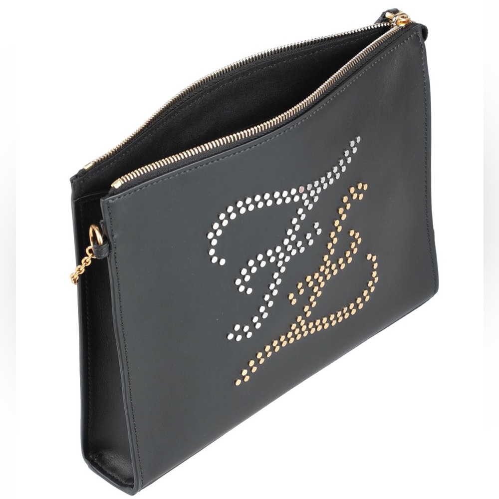 NWT Fendi Karligraphy Studded Black Leather Clutch Gold Silver